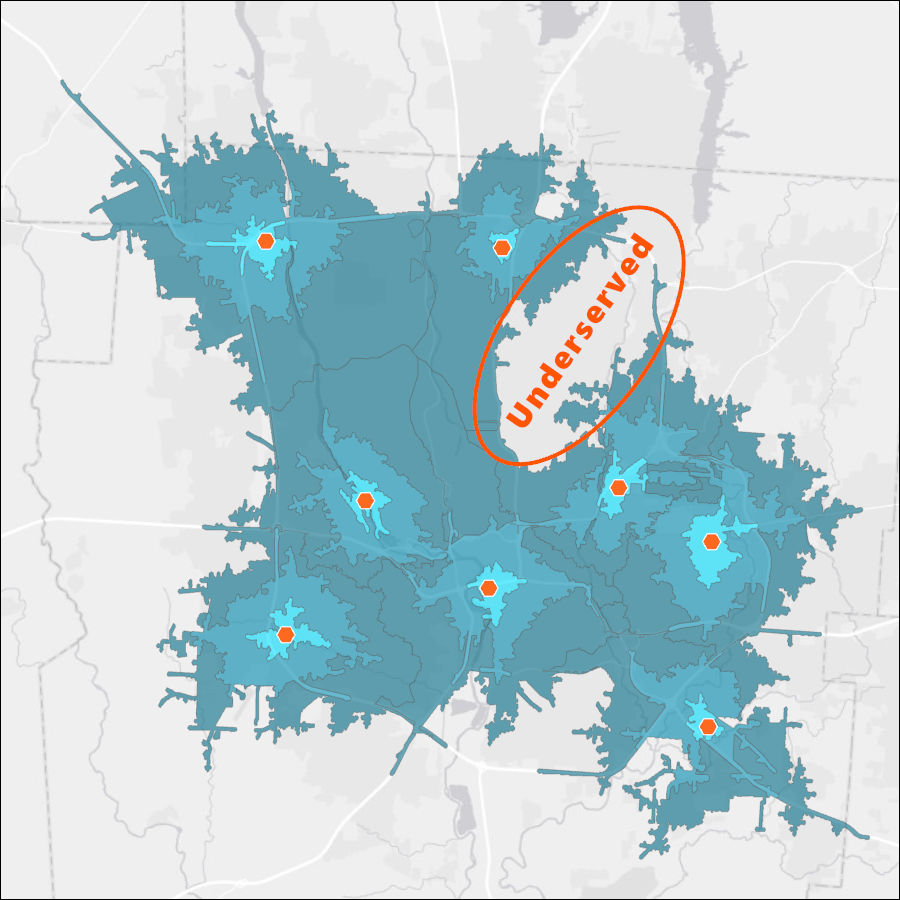 Map of underserved areas as determined by drive time
