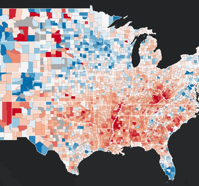Map showing life expectancy by county